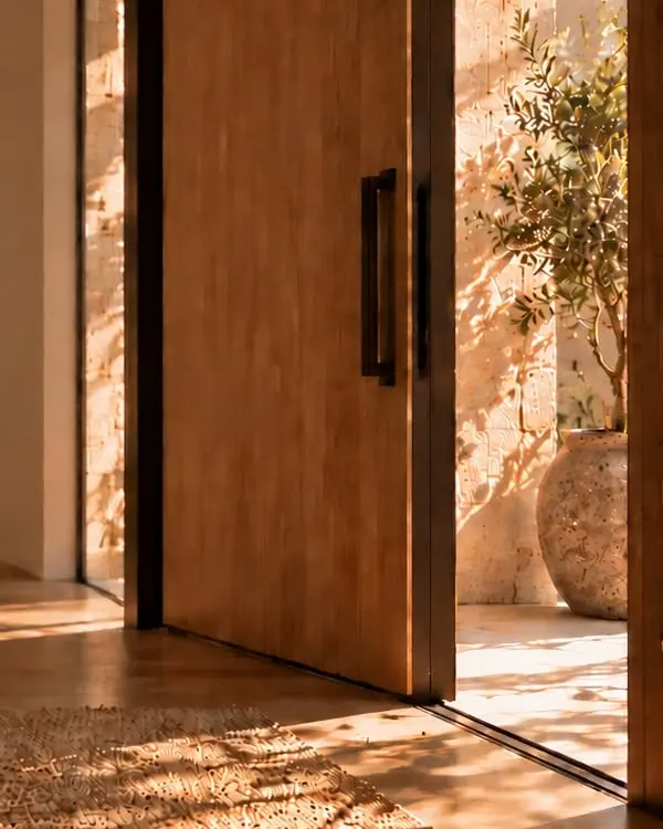Timber pivot door opening onto a sunlit courtyard with an olive tree